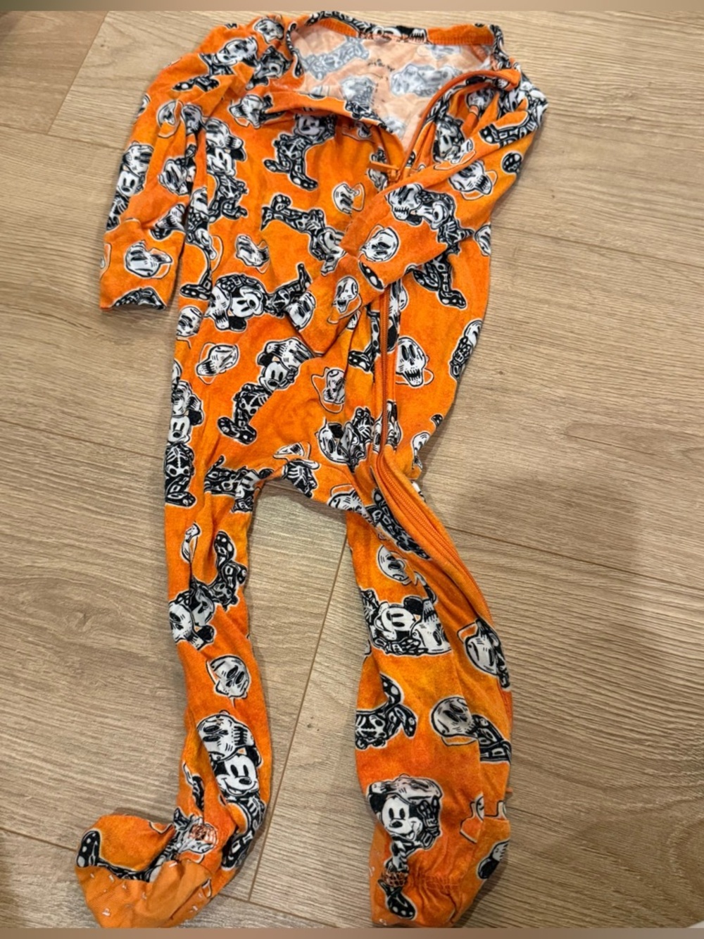 Disney Mickey Mouse Halloween Footed Pajamas Orange Skeleton Print 12-18M